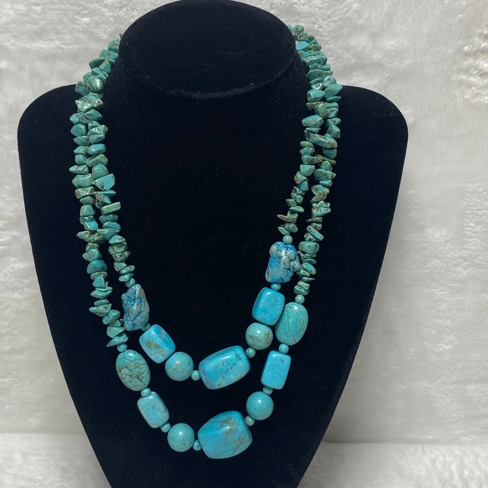 Turquoise Southwestern‎ Necklace Two Strand Chunky Bead Boho Statement Rodeo 90g